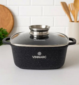 Каструля  квадратна 2,7 л  зі скляною кришкою  Мармур Індукція  AROMA VINNARC BL-1220NS чорна