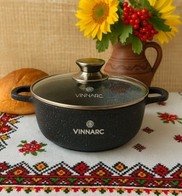 Каструля  кругла 2,3 л  зі скляною кришкою  Мармур Індукція  SENSE VINNARC  0320NS-BL чорна