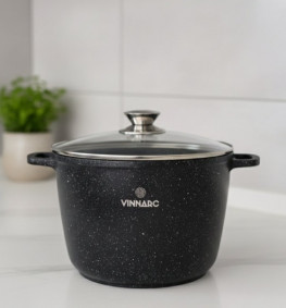 Каструля  кругла 6.2 л зі скляною кришкою  Мармур Індукція SENSE VINNARC 0624NS-BL чорна