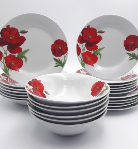 Набір тарілок та салатників Червоний мак (24 предметний) 9007 Lexin (Китай), фото