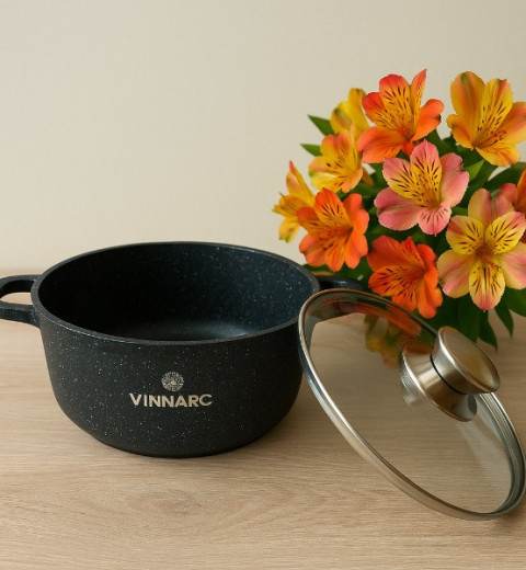 Каструля  кругла 4.5 л  зі скляною кришкою  Мармур Індукція SENSE VINNARC  0324NS-BL чорна, фото 2