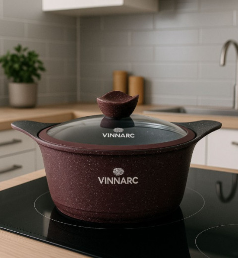 Каструля кругла 4.3 л зі скляною кришкою Grand VINNARC VB-A0324NS бордо, фото