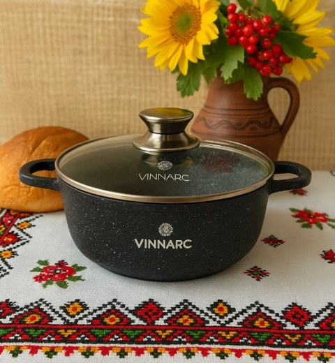 Каструля  кругла 2,3 л  зі скляною кришкою  Мармур Індукція  SENSE VINNARC  0320NS-BL чорна, фото