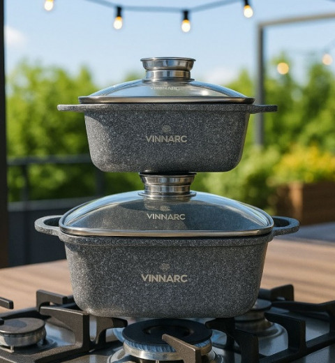 Каструля  квадратна 2,7 л  зі скляною кришкою  Мармур Індукція  AROMA VINNARC GR-1220CE сіра, фото 2