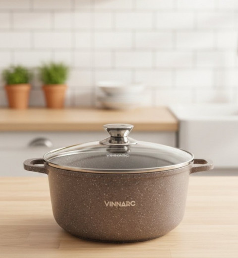 Каструля  кругла 4,5 л зі скляною кришкою Мармур Індукція SENSE VINNARC GR-0324CО бежева, фото