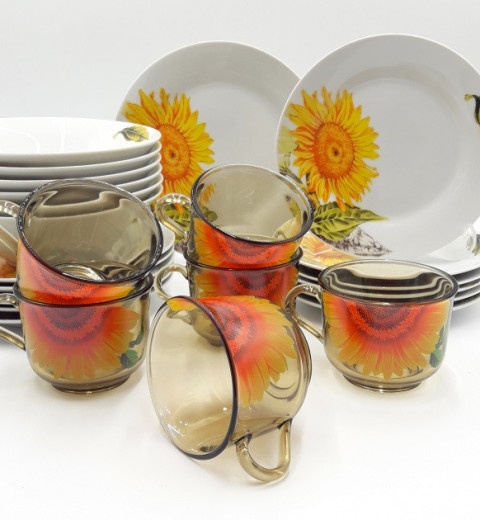 Набір тарілок та салатнтків з чашками Соняшник (24 предметний) 5705, фото